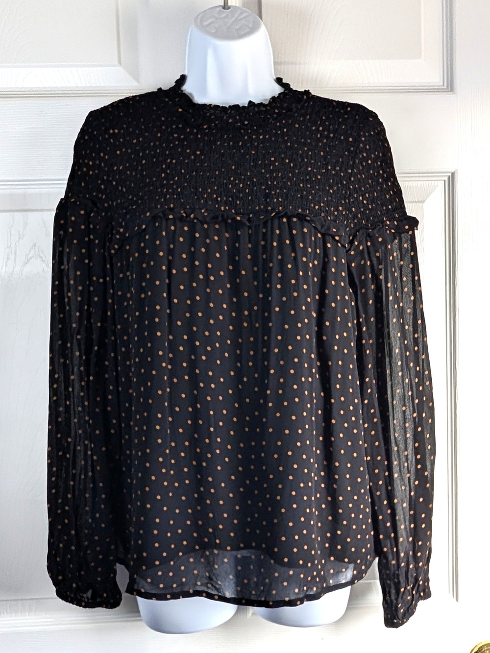 Sanctuary Black Bria Smocked Blouse with Tan Polka Dots